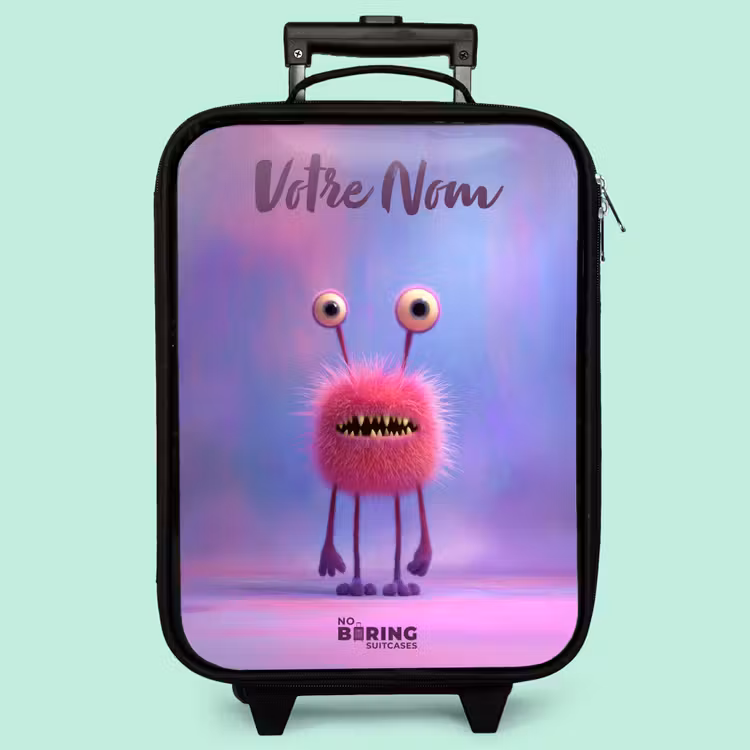 Valise enfant avec nom - Monstre rose à fourrure avec de grands yeux — 3