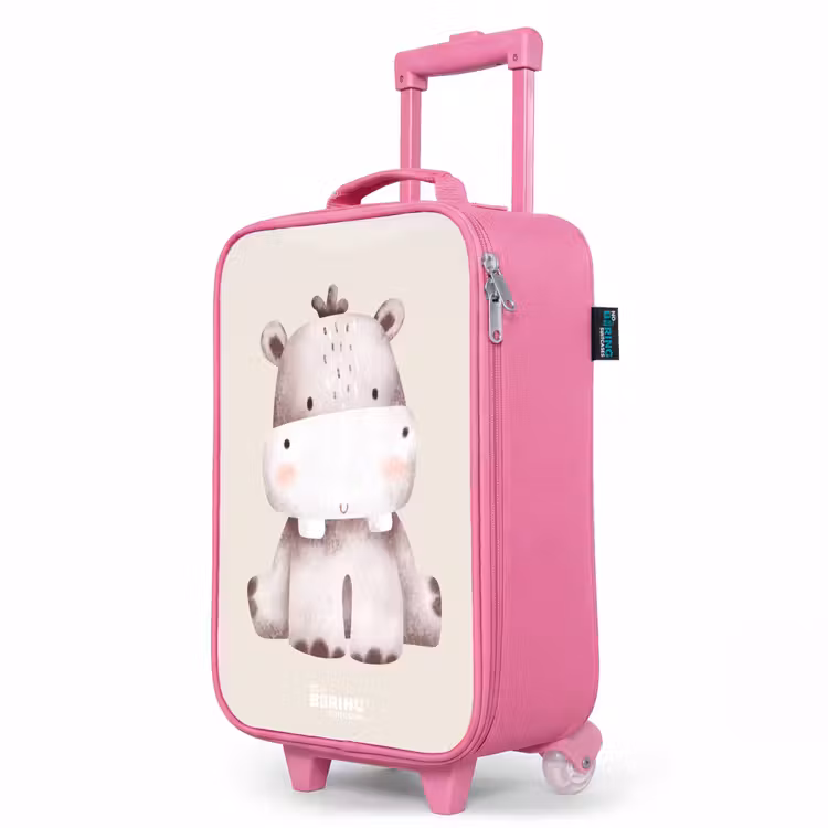 Valise enfant - Rose - Illustration d'un hippopotame sur fond beige — 8