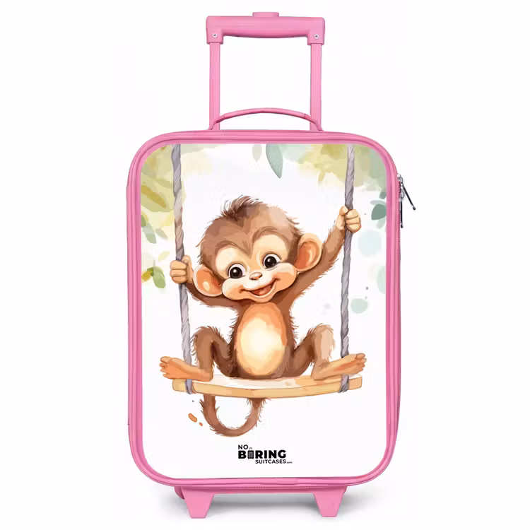Valise enfant - Rose - Illustration d'un singe joyeux sur une balançoire — 1