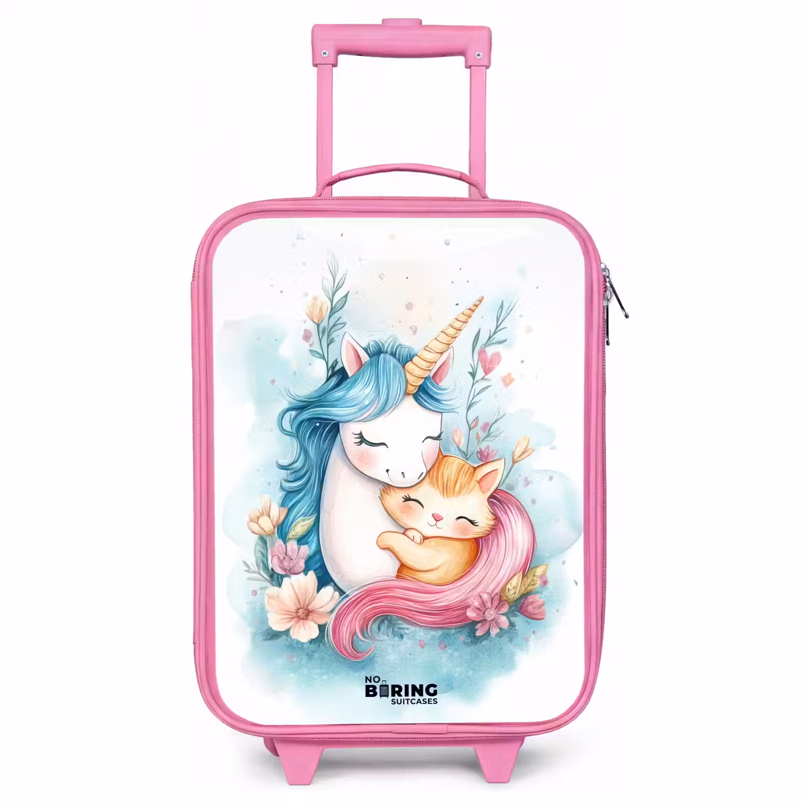 Valise enfant - Rose - Licorne à la crinière bleue et chaton orange — 1