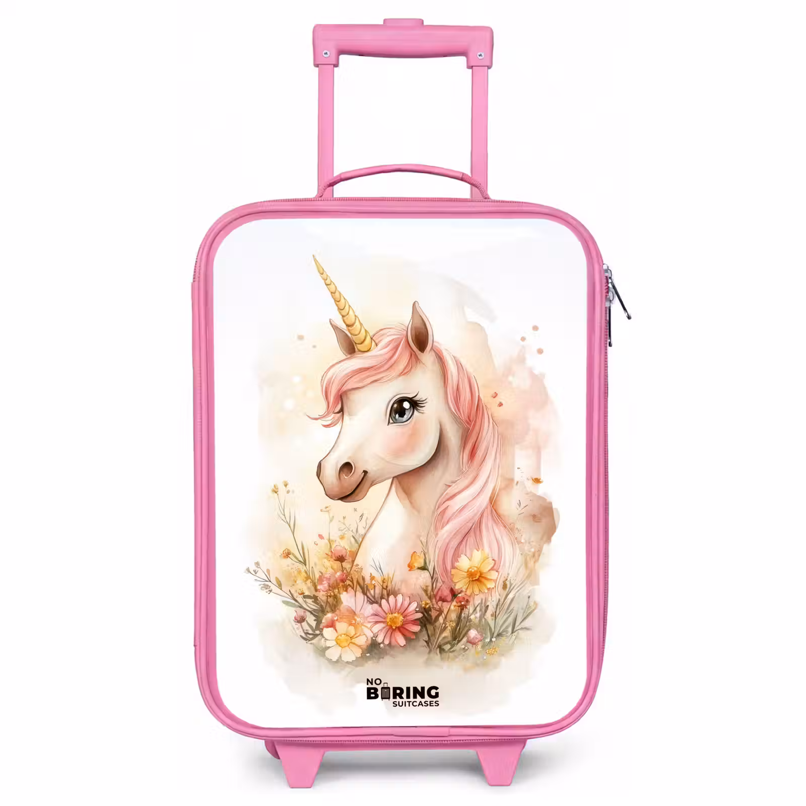 Valise enfant - Rose - Licorne à la crinière rose parmi des fleurs pastel — 1