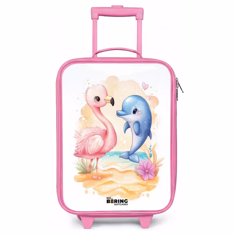 Valise enfant - Rose - Flamant rose et dauphin bleu sur une plage — 1