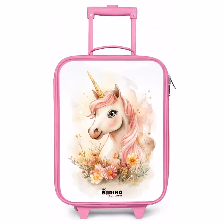 Valise enfant - Rose - Licorne à la crinière rose parmi des fleurs pastel — 1