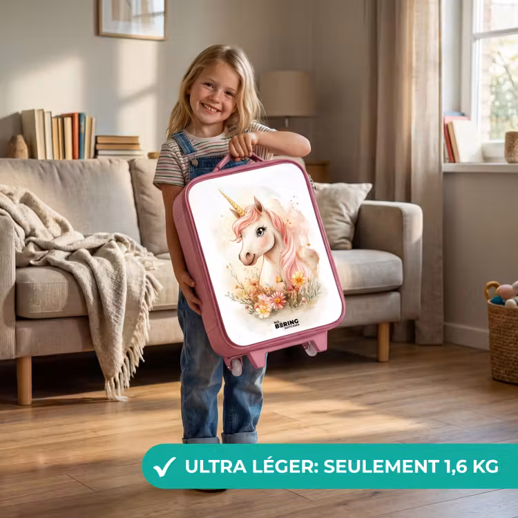 Valise enfant - Rose - Licorne à la crinière rose parmi des fleurs pastel — 3