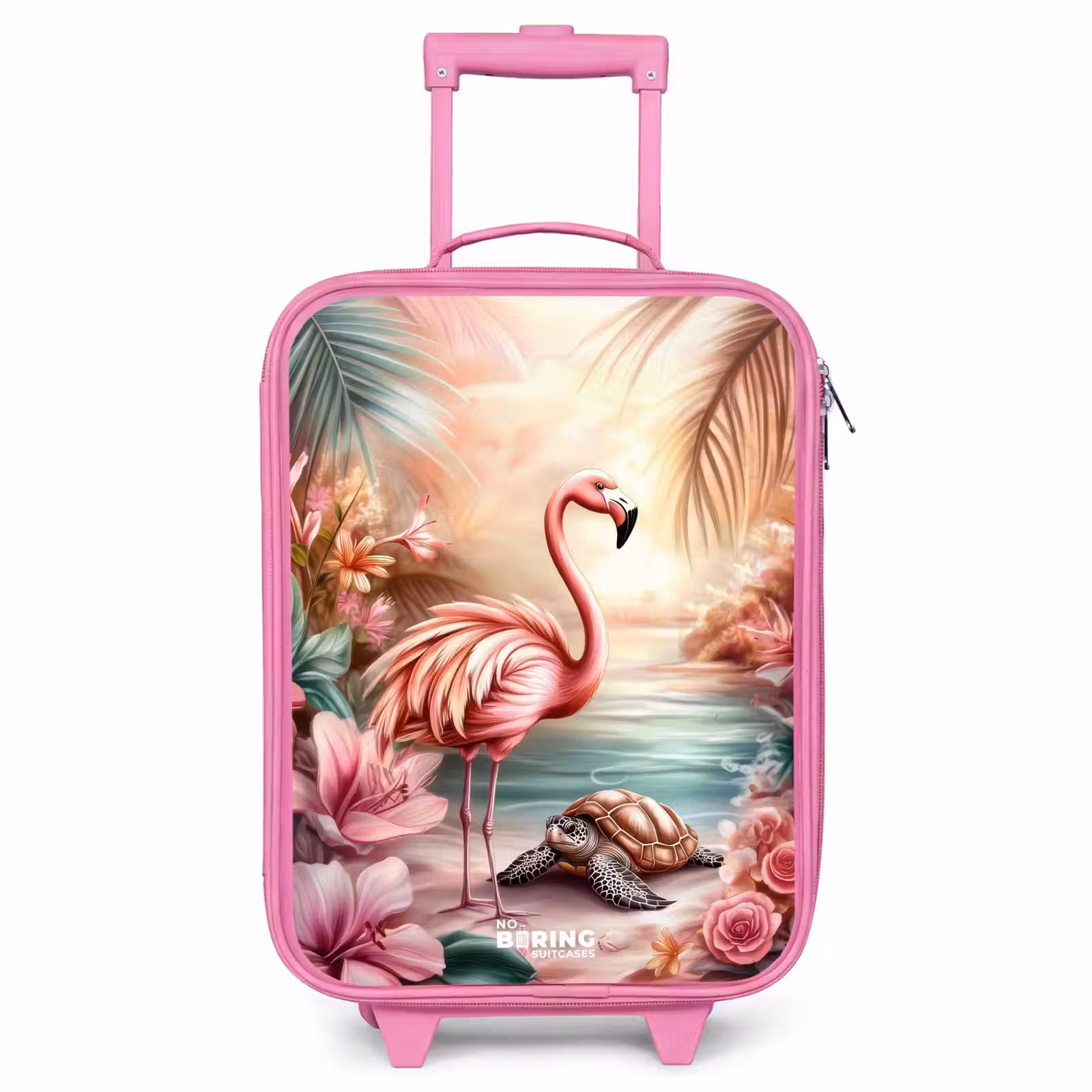 Valise enfant - Rose - Flamant et tortue sur une plage rose. — 1