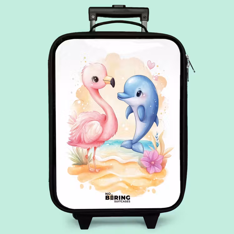 Valise enfant - Flamant rose et dauphin bleu sur une plage — 3