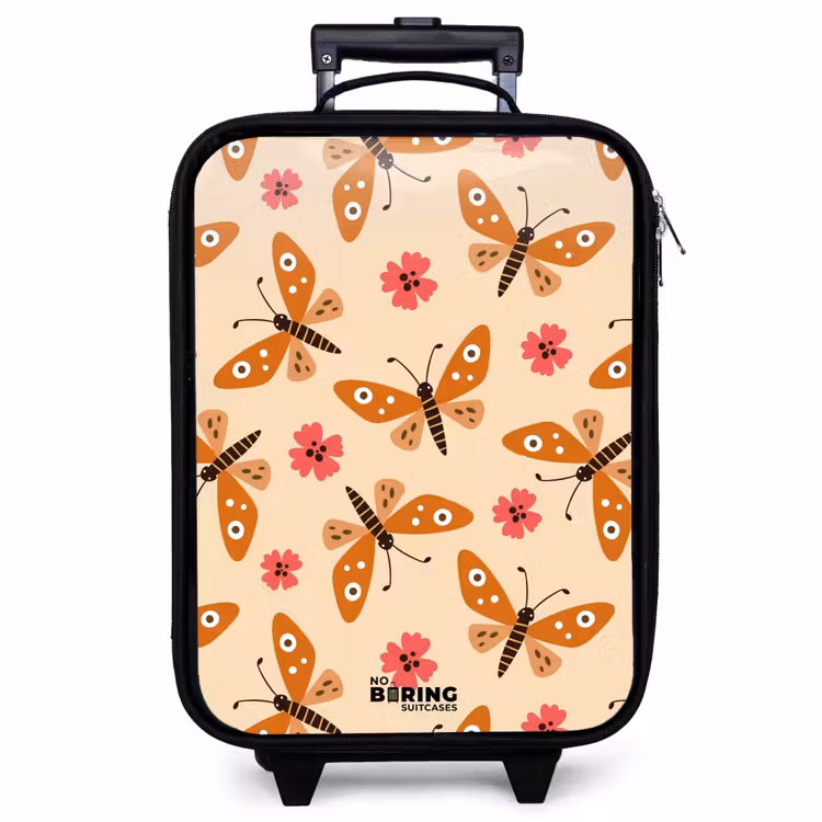 Valise enfant - Papillons orange et fleurs roses sur fond beige — 1