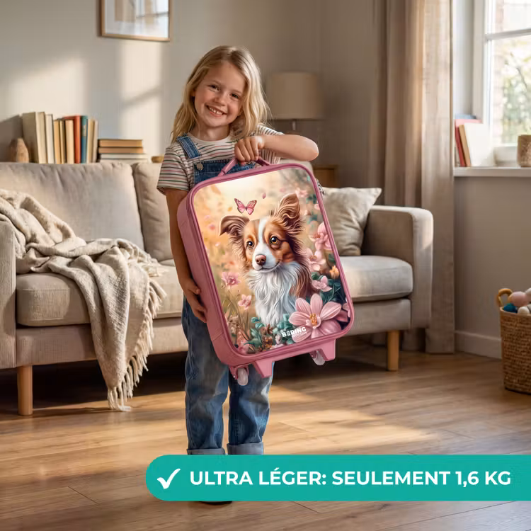 Valise enfant - Rose - Chien dans un champ de fleurs avec des papillons — 3