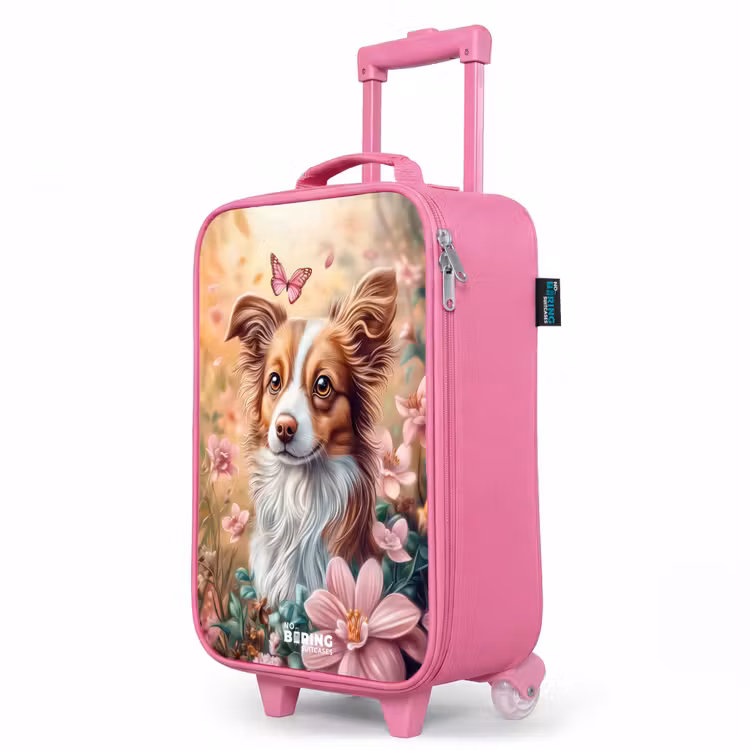Valise enfant - Rose - Chien dans un champ de fleurs avec des papillons — 8