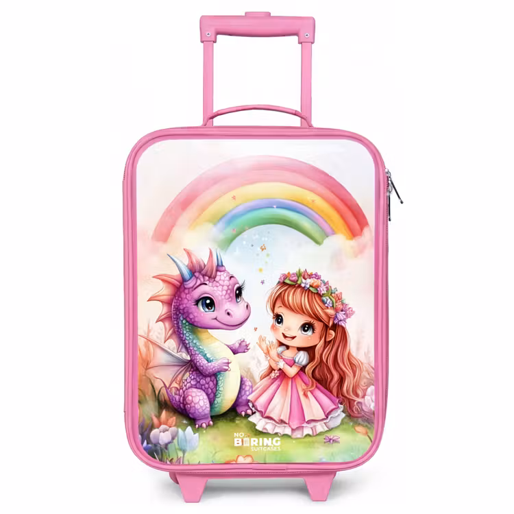 Valise enfant - Rose - Fille avec un dragon violet sous un arc-en-ciel — 1