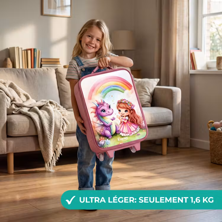 Valise enfant - Rose - Fille avec un dragon violet sous un arc-en-ciel — 3
