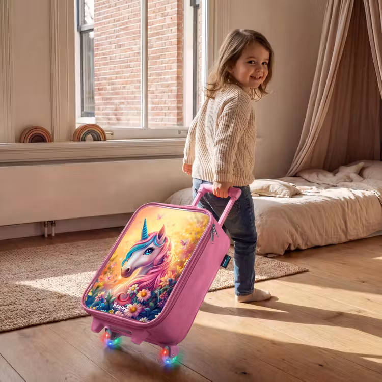 Valise enfant - Rose - Licorne avec fleurs colorées — 2