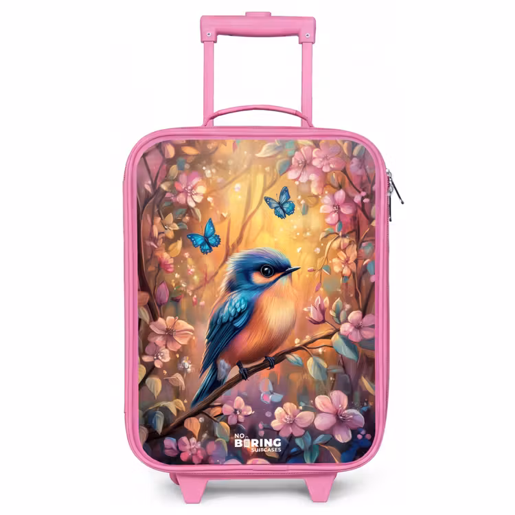 Valise enfant - Rose - Oiseau avec papillons dans une forêt colorée. — 1