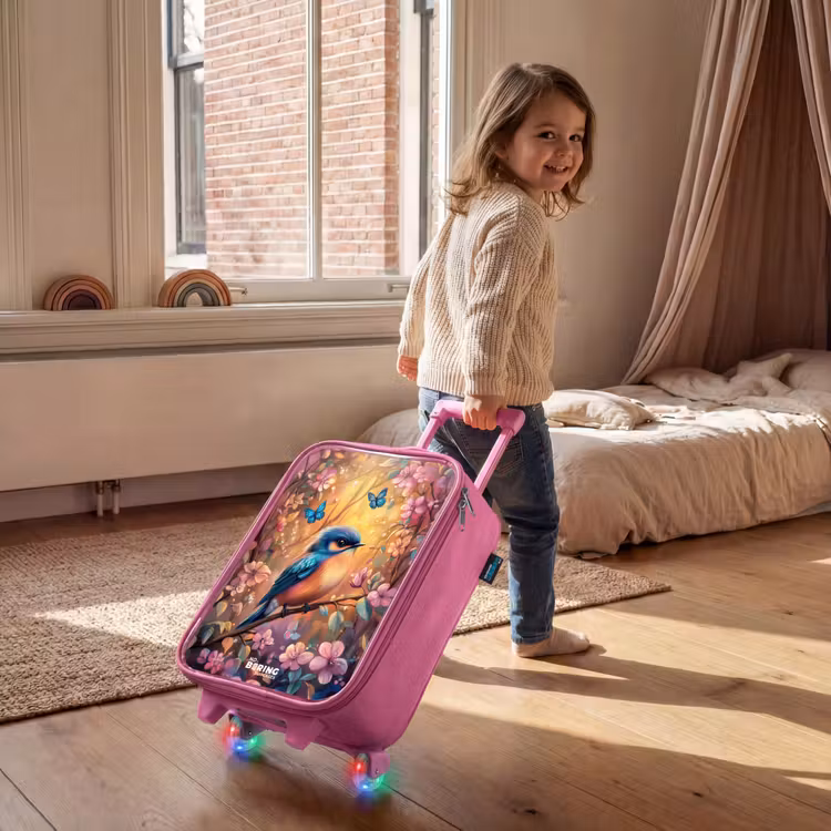 Valise enfant - Rose - Oiseau avec papillons dans une forêt colorée. — 2
