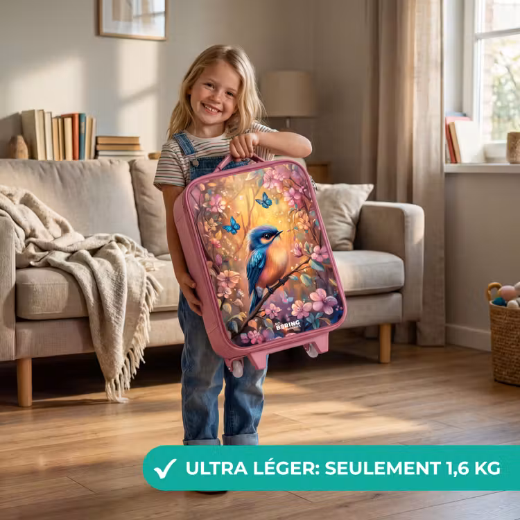Valise enfant - Rose - Oiseau avec papillons dans une forêt colorée. — 3