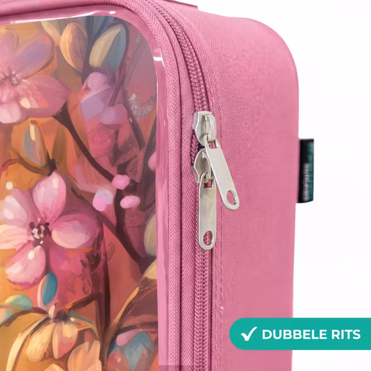Valise enfant - Rose - Oiseau avec papillons dans une forêt colorée. — 7