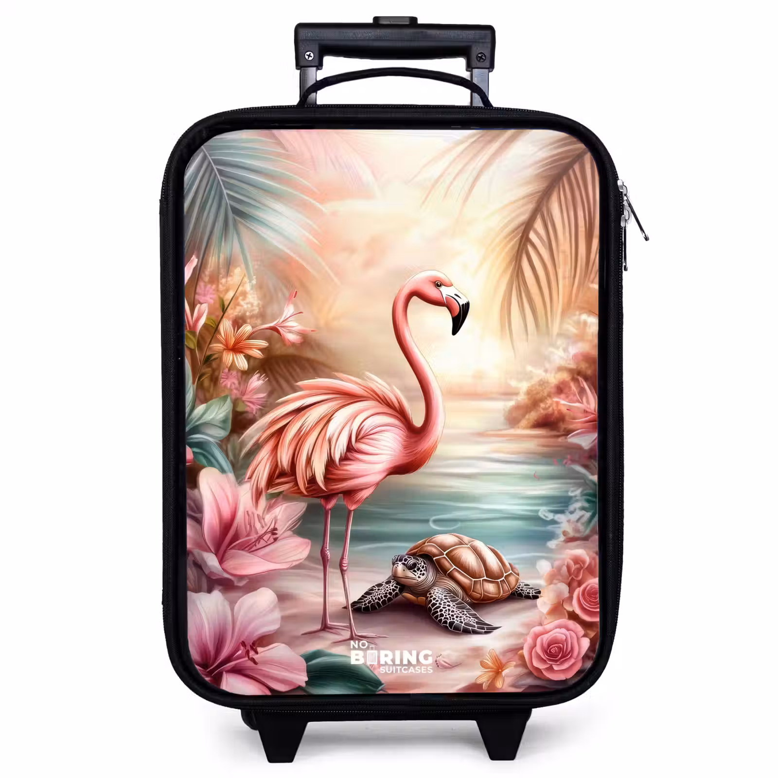 Valise enfant - Flamant et tortue sur une plage rose. — 1