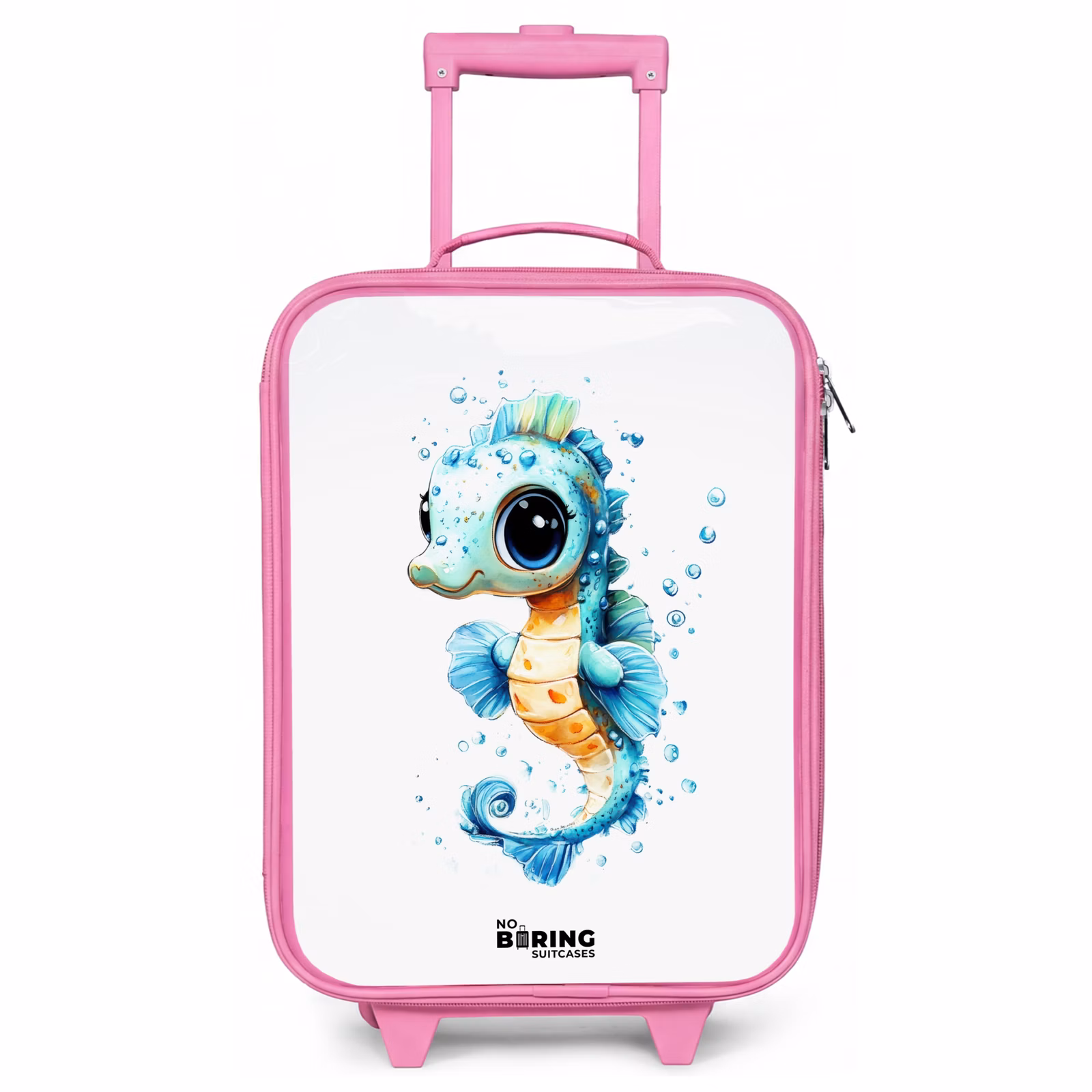 Valise enfant - Rose - Hippocampe bleu avec de grands yeux et des bulles — 1