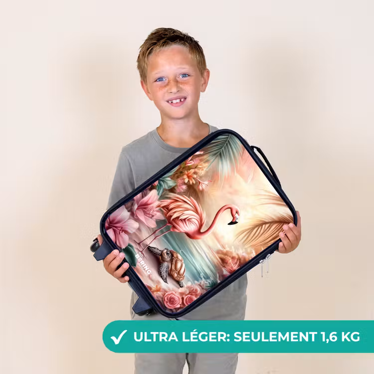 Valise enfant - Flamant et tortue sur une plage rose. — 2