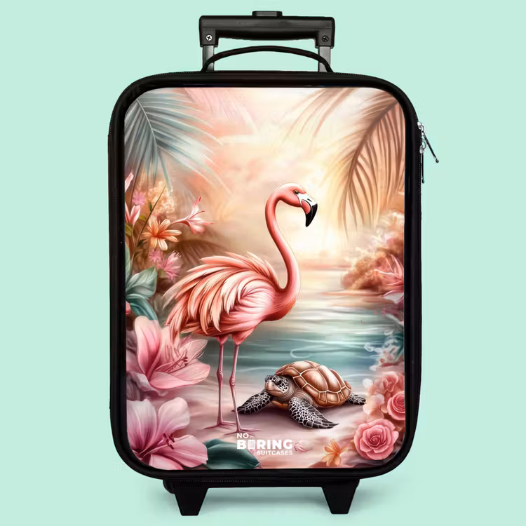 Valise enfant - Flamant et tortue sur une plage rose. — 3