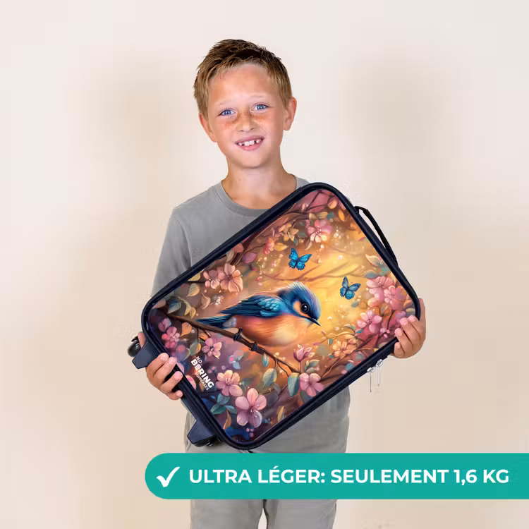 Valise enfant - Oiseau avec papillons dans une forêt colorée. — 2