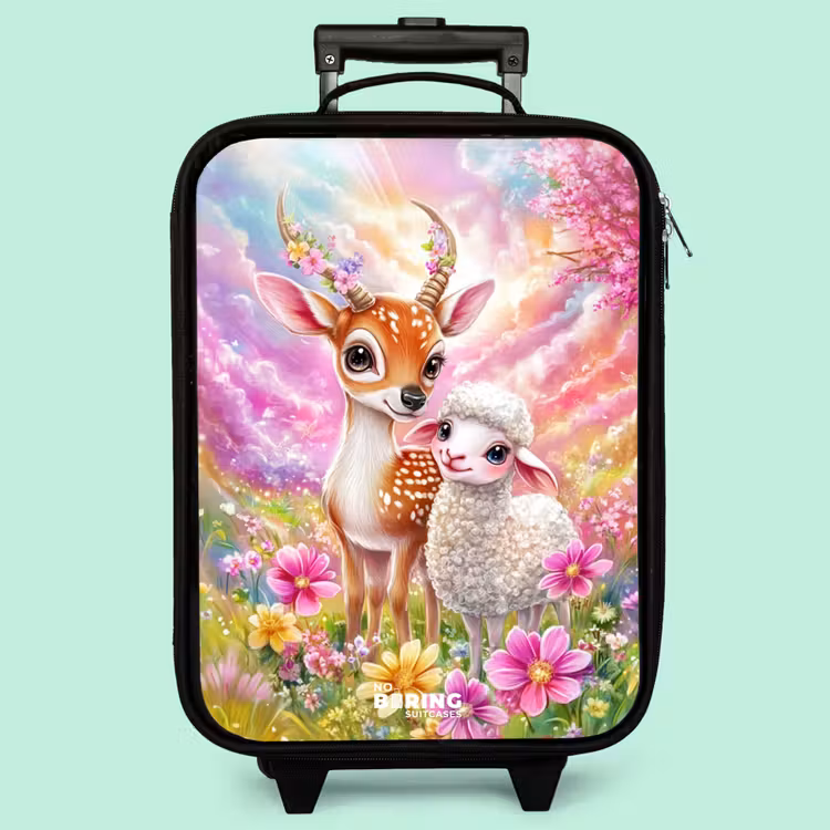 Valise enfant - Petit cerf avec un agneau dans un champ de fleurs pastel — 3