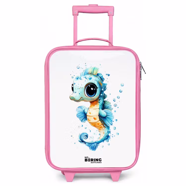 Valise enfant - Rose - Hippocampe bleu avec de grands yeux et des bulles — 1