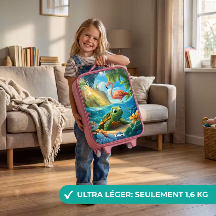 Valise enfant - Rose - Tortue dans l'eau tropicale avec flamant rose — 3