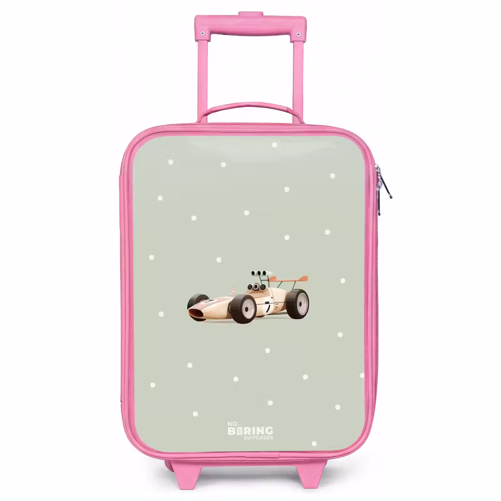 Valise enfant - Rose - Voiture de course rétro beige sur fond vert à pois — 1