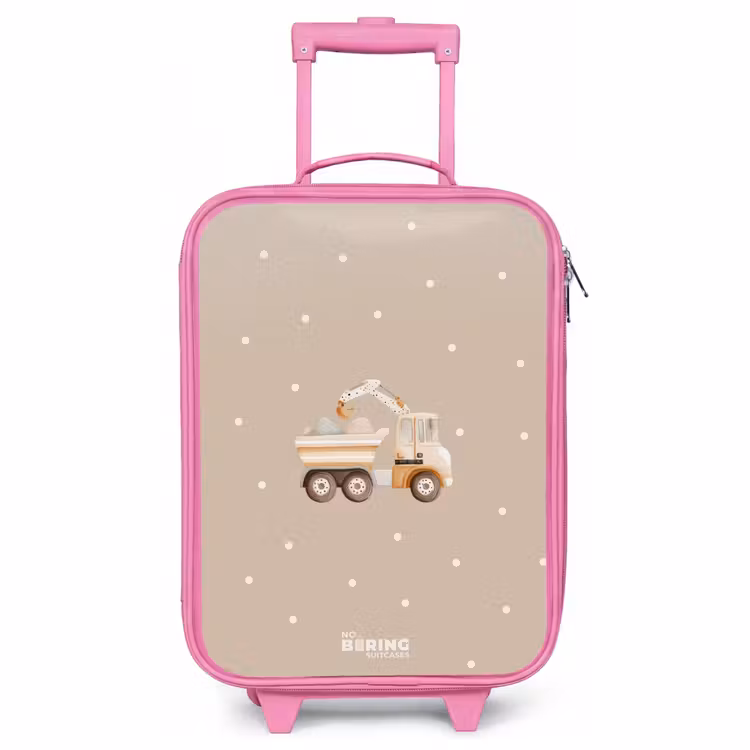 Valise enfant - Rose - Camion-benne jaune avec pierres et motifs à pois — 1