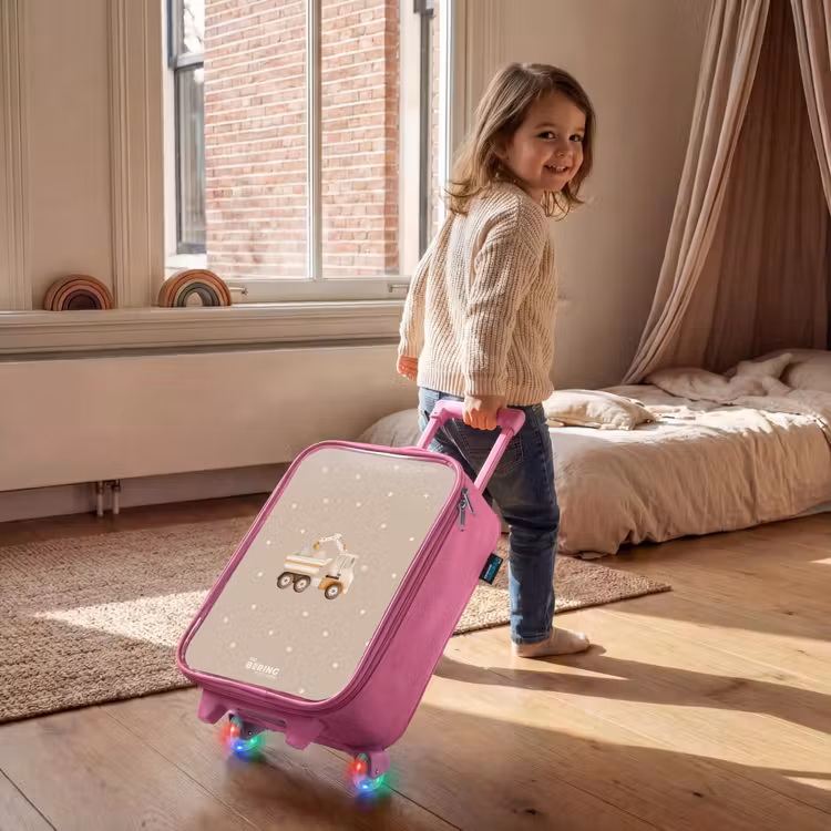 Valise enfant - Rose - Camion-benne jaune avec pierres et motifs à pois — 2