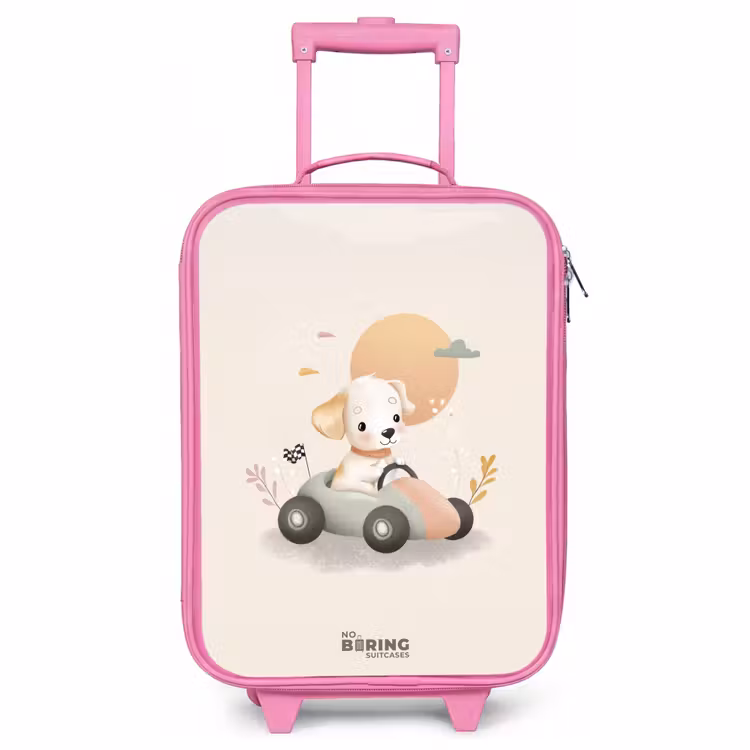 Valise enfant - Rose - Chiot dans une voiture de course de couleur beige — 1