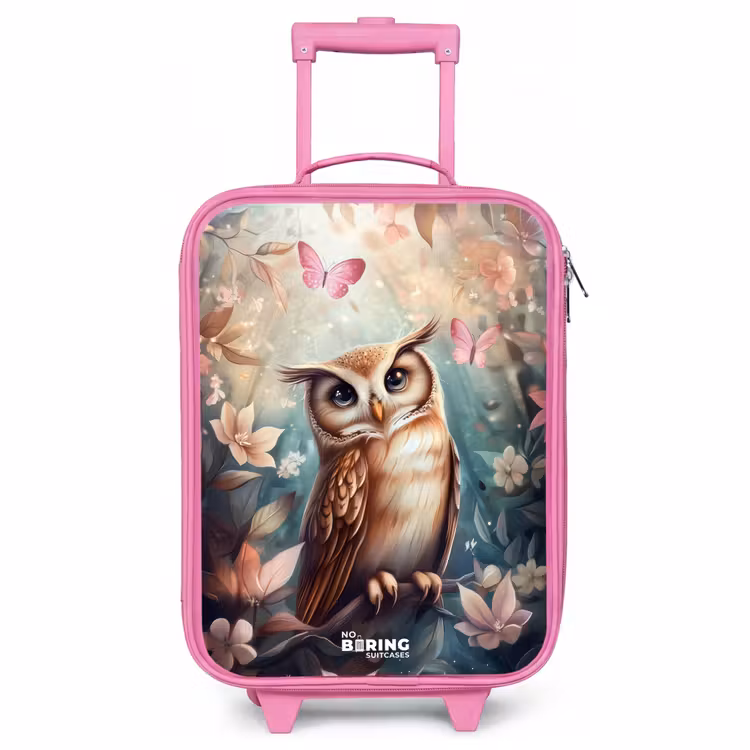 Valise enfant - Rose - Chouette avec papillons dans une forêt mystique — 1