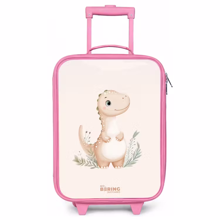 Valise enfant - Rose - Dinosaure beige avec des feuilles vertes — 1
