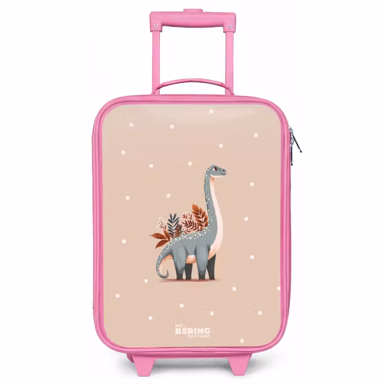 Valise enfant - Rose - Dinosaure bleu sur fond beige à pois — 1