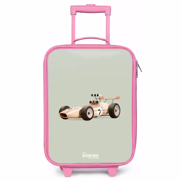 Valise enfant - Rose - Voiture de course rétro beige sur fond vert — 1
