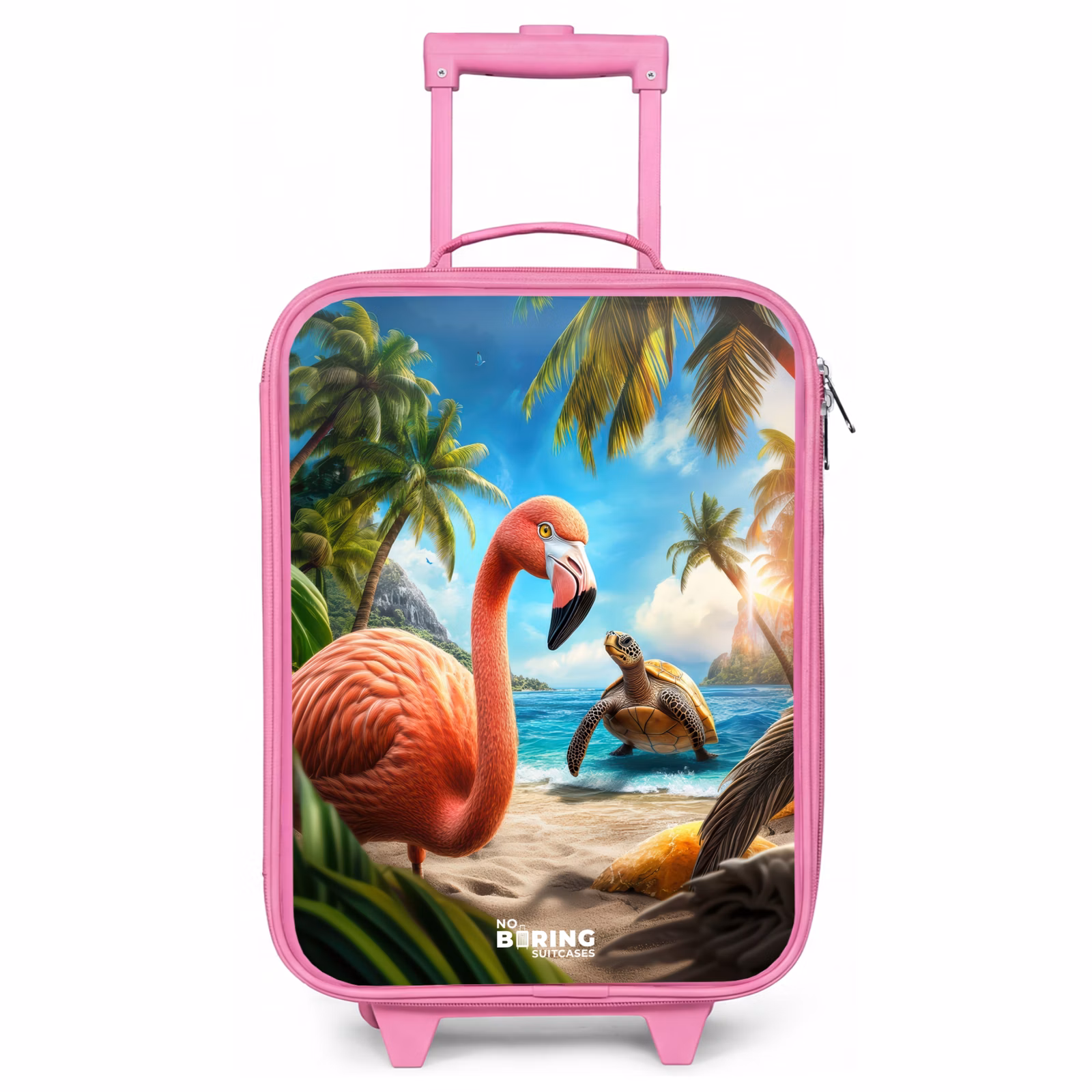 Valise enfant - Rose - Flamant et tortue sur une plage tropicale — 1