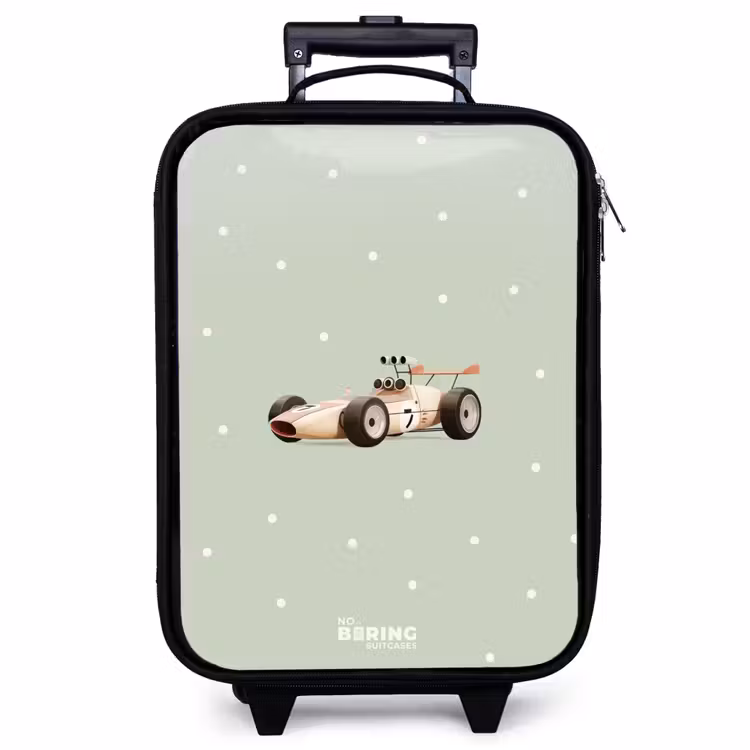 Valise enfant - Voiture de course rétro beige sur fond vert à pois — 1