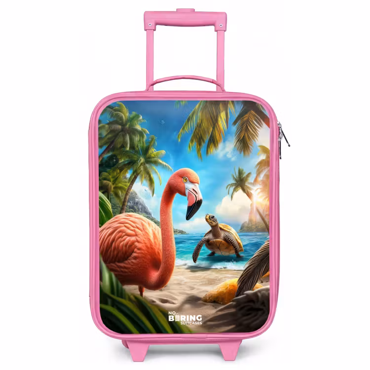 Valise enfant - Rose - Flamant et tortue sur une plage tropicale — 1