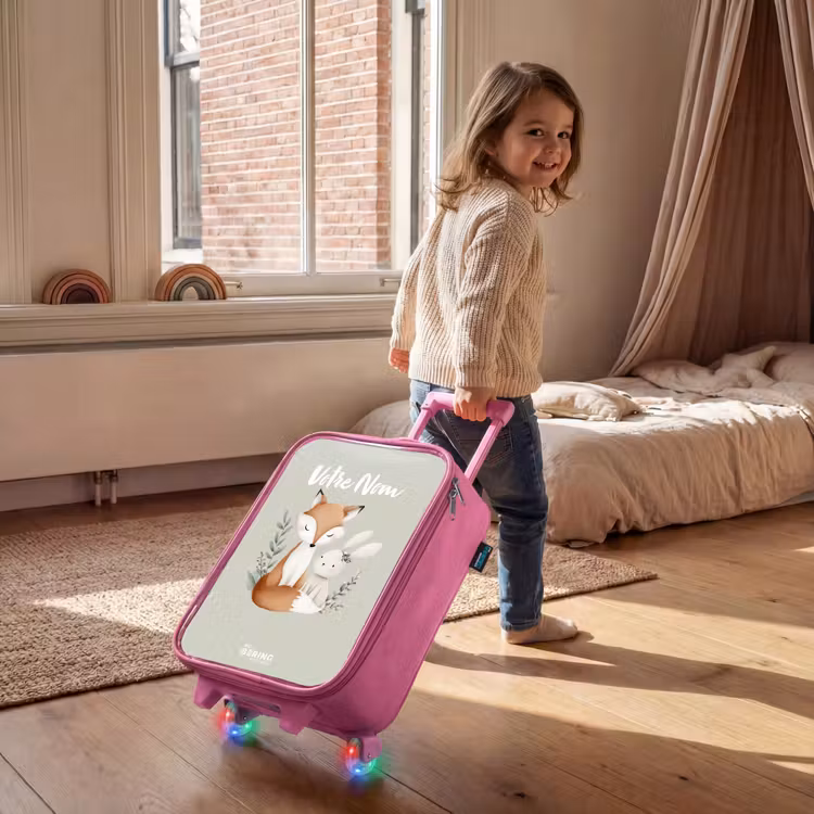 Valise enfant - Rose - Renard et lapin entourés de feuilles vertes — 2