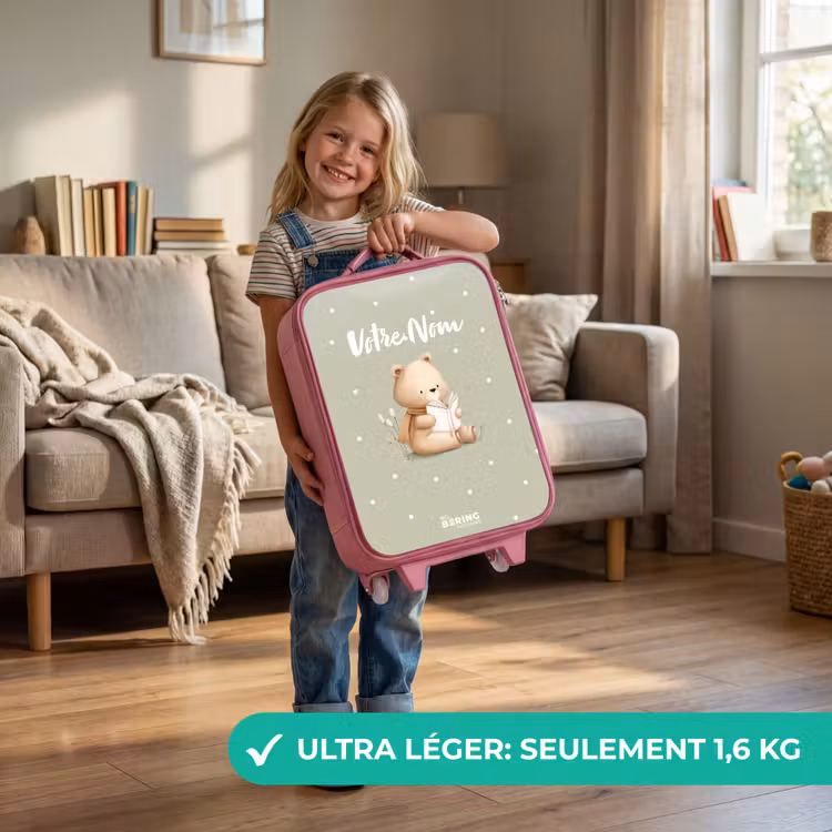 Valise enfant - Rose - Un ours brun lisant un livre - Vert — 3