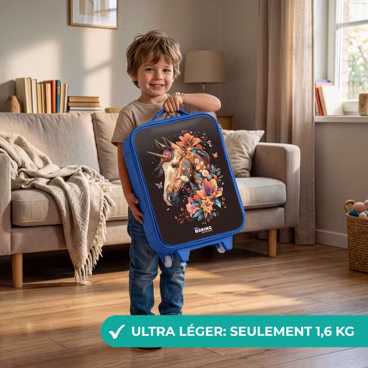 Valise enfant - Bleu - Licorne et fleurs sur fond noir — 3