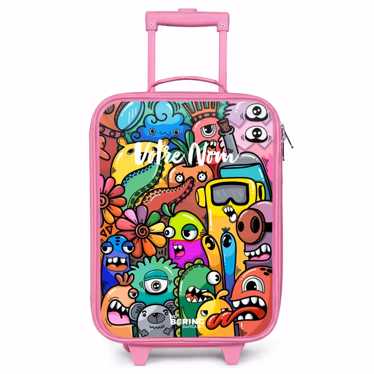 Valise enfant - Rose - Motif expressif et chargé avec des monstres — 1