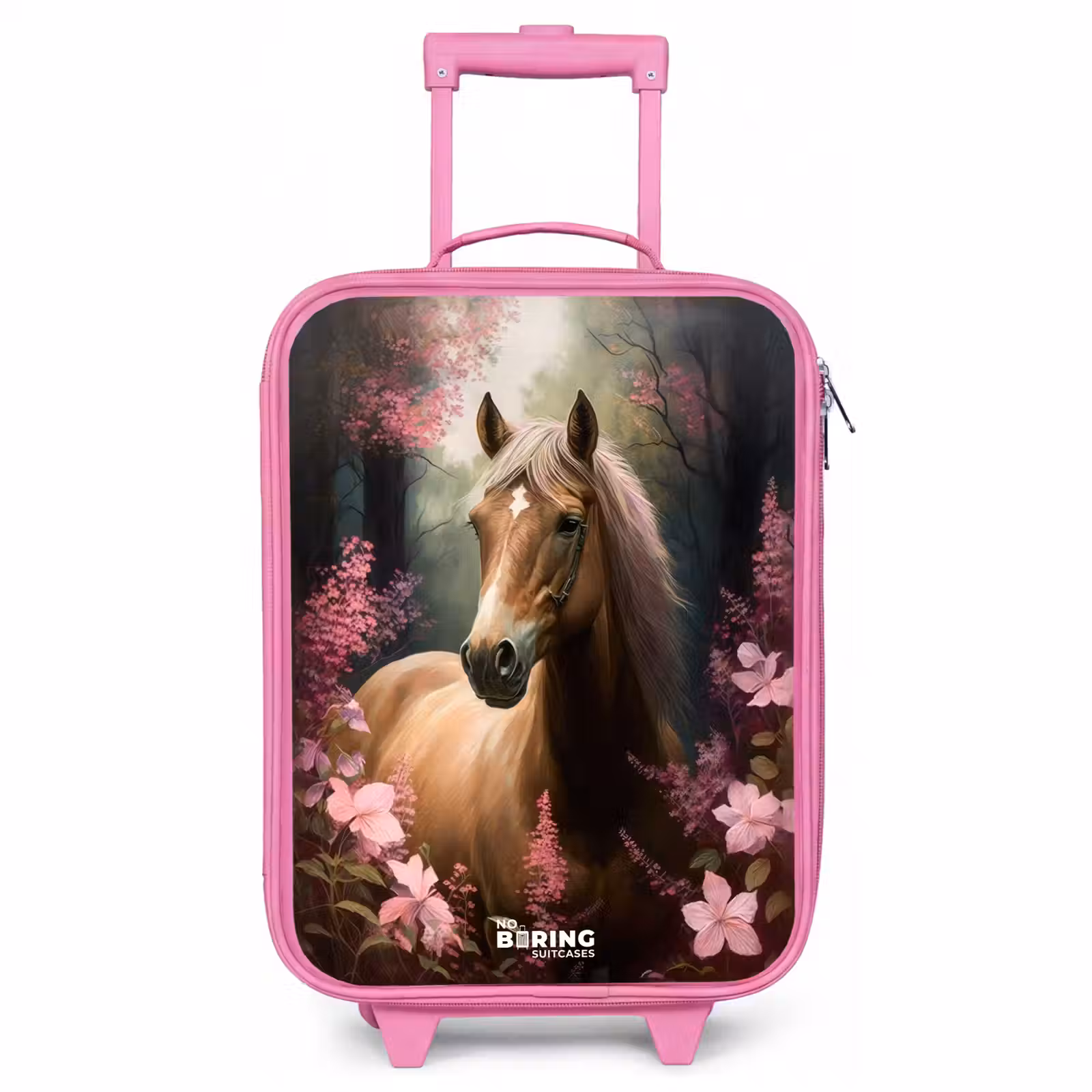 Valise enfant - Rose - Cheval marron clair parmi des fleurs roses — 1