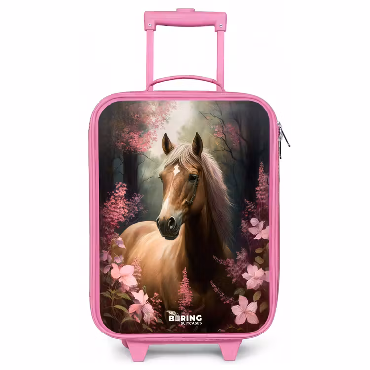 Valise enfant - Rose - Cheval marron clair parmi des fleurs roses — 1
