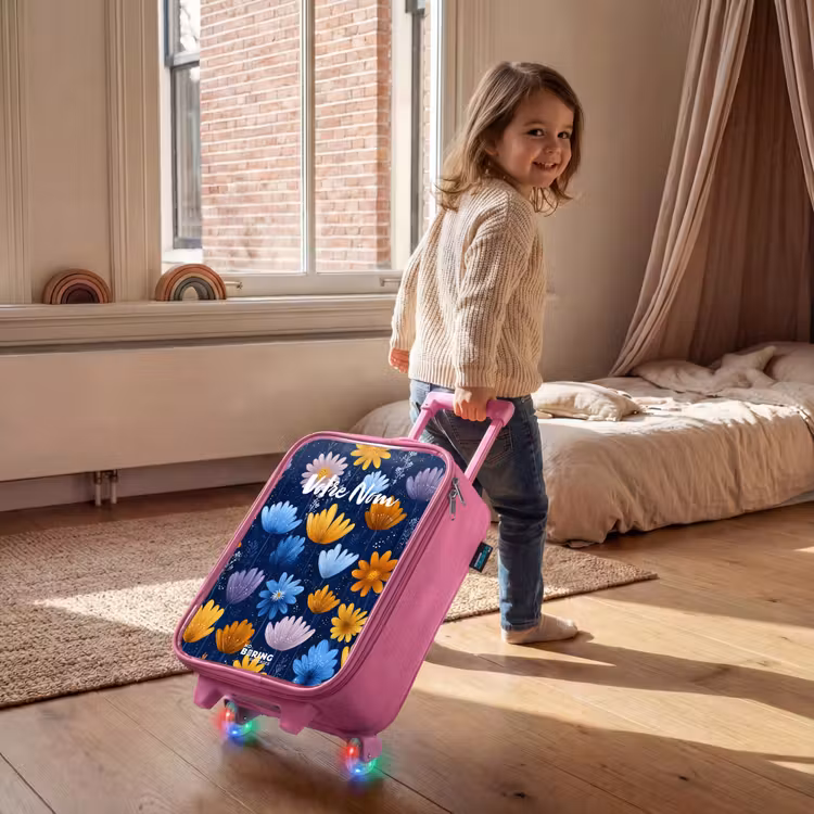 Valise enfant - Rose - Fleurs sur fond bleu foncé — 2