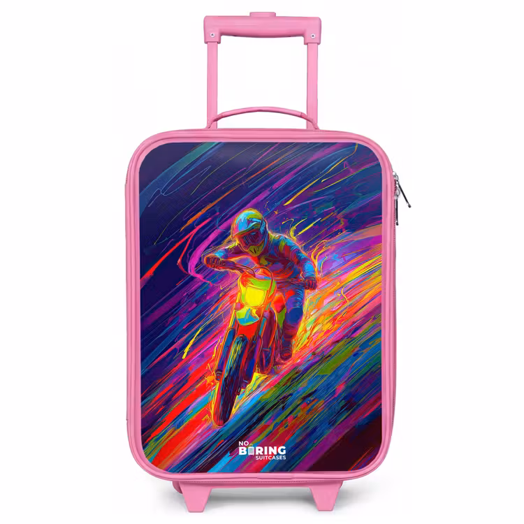 Valise enfant - Rose - Vélo de cross - Couleurs néon - Lignes - Casque — 1