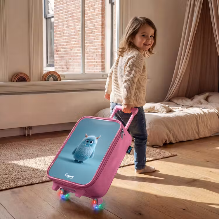 Valise enfant - Rose - Monstre bleu en peluche avec des cornes — 2