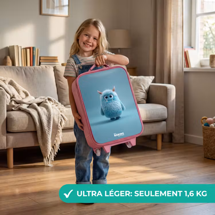 Valise enfant - Rose - Monstre bleu en peluche avec des cornes — 3