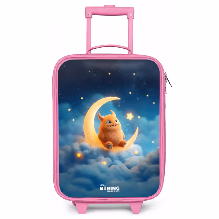 Valise enfant - Rose - Monstre orange sur croissant de lune — 1